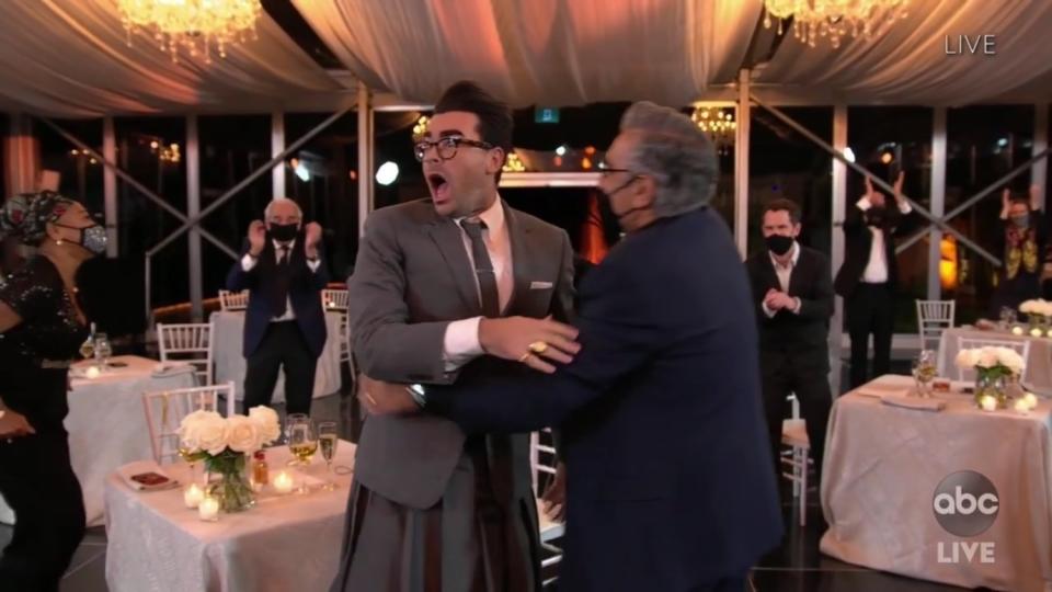 Dan Levy of "Schitt's Creek" reacts after winning outstanding writing for a comedy series.