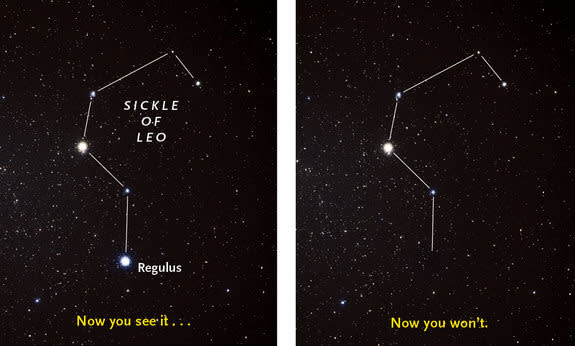 The bright star Regulus will vanish behind the asteroid 163 Erigone for several seconds on the morning of March 20, 2014, for well-placed skywatchers. The star is located in the "sickle" of the constellation Leo, the Lion.