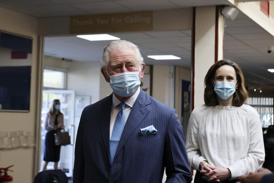 <p>Britain's Prince Charles arrives for a visit to an NHS vaccine pop-up clinic at Jesus House church, London, Tuesday March 9, 2021, where he has been told about work to combat vaccine hesitancy and support for the community during the coronavirus pandemic. (Ian Vogler/Pool via AP)</p>
