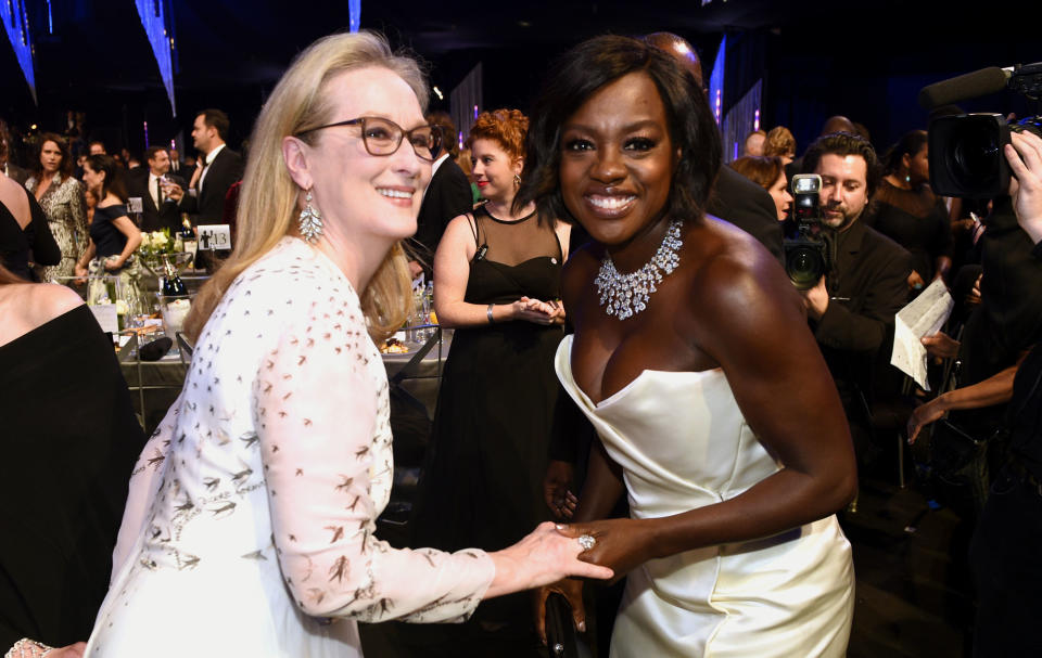 Meryl Streep, left, and Viola Davis attend the 23rd annual Screen Actors Guild Awards at the Shrine Auditorium & Expo Hall on Sunday, Jan. 29, 2017, in Los Angeles. (Photo by Chris Pizzello/Invision/AP)