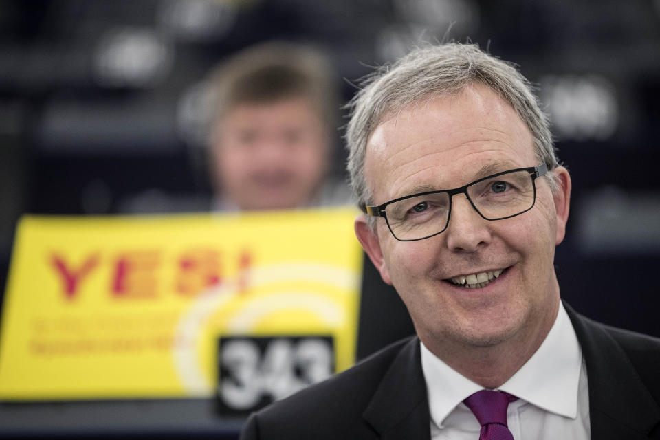 Axel Voss, Member of the European Parliament and rapporteur of the copyright bill, poses for the media at the European Parliament in Strasbourg, France, Tuesday March 26, 2019. The European Parliament is furiously debating the pros and cons of a landmark copyright bill one last time before the legislature will vote on it later. (AP Photo/Jean-Francois Badias)
