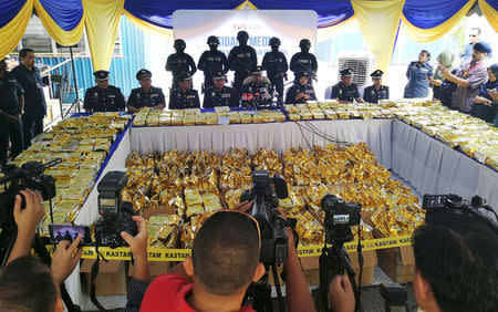 Malaysian Customs display 1187kg of Methamphetamine worth 71 million ringgit ($17.8 million) seized during a news conference in Nilai, Malaysia May 28, 2018. REUTERS/Angie Teo