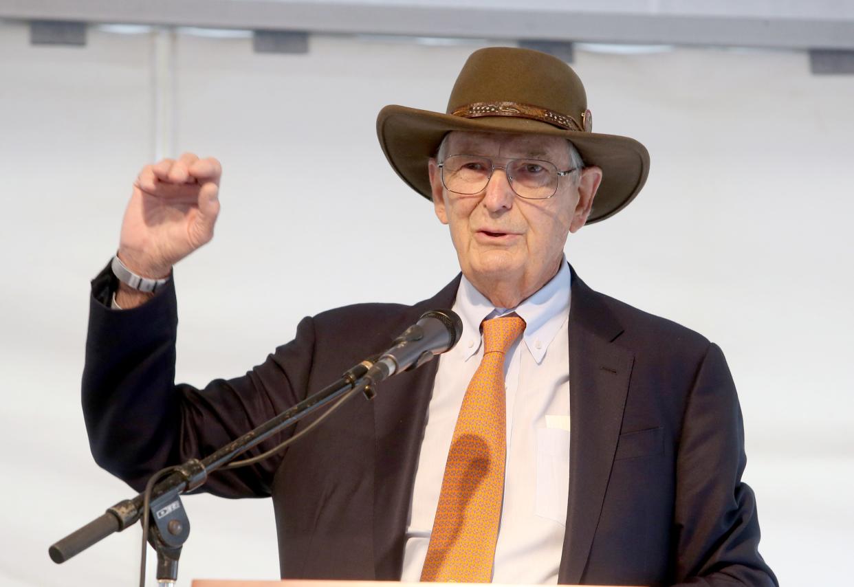 Ward J. "Jack" "Timken, president of the Timken Foundation of Canton, speaks at the Timken Family Cancer Center groundbreaking in May 2021.