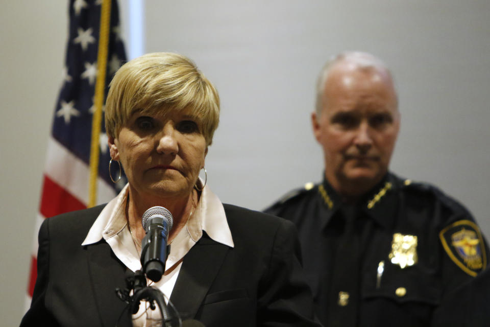 FILE - In this Oct. 14, 2019 file photo, Mayor Betsy Price speaks accompanied by interim police chief Ed Kraus at a news conference in Fort Worth, Texas, about former Fort Worth Police officer Aaron Dean shooting Atatiana Jefferson, 28, through a back window of her home in the early hours Saturday, Oct. 12, after a neighbor reported her front door was left open. (AP Photo/David Kent, File)