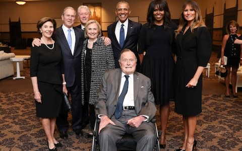 George H.W. Bush, Laura Bush, George W. Bush, Bill Clinton, Hillary Clinton, Barack Obama, Michelle Obama and Melania Trump in a group photo at the funeral service for first lady Barbara Bush on Saturday - Credit:  Paul Morse/AP