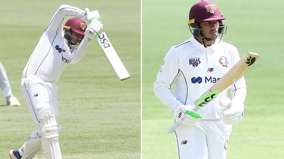 Pictured here Queensland batter Usman Khawaja playing WA in the Sheffield Shield.