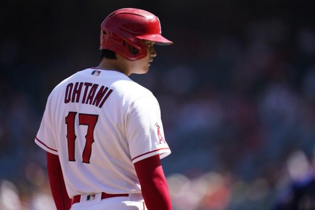 Shohei Ohtani of the Los Angeles Angels stands on first base