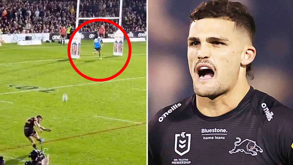 The trainer, pictured here running in front of the posts while Nathan Cleary was taking a conversion.