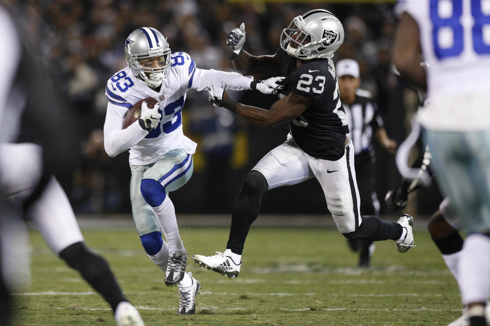 <p>Dallas Cowboys wide receiver Terrance Williams (83) runs with the ball after making a catch next to Oakland Raiders cornerback Dexter McDonald (23) in the first quarter at Oakland Coliseum. Mandatory Credit: Cary Edmondson-USA TODAY Sports </p>