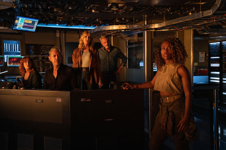 Claire Dearing (Bryce Dallas Howard), Dr. Ian Malcolm (Jeff Goldblum), Dr. Ellie Sattler (Laura Dern), Dr. Alan Grant (Sam Neill) and Kayla Watts (DeWanda Wise) in Jurassic World Dominion. - Credit: Courtesy of Universal Pictures and Amblin Entertainment