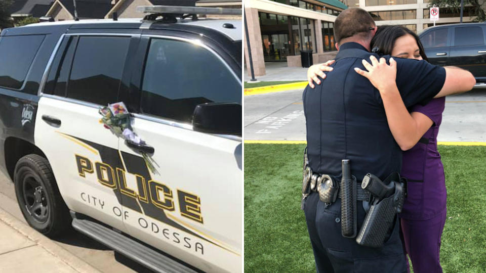 A police officer and a woman who left flowers and a note on his patrol car after the Odessa mass shooting have met. Source: Facebook / Twitter.