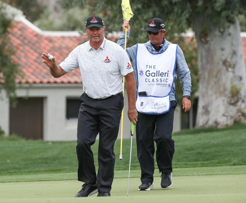 Retief Goosen reacts to making a par save on the 17th hole of the Galleri Classic at Mission Hills Country Club in Rancho Mirage, Calif., March 31, 2024.