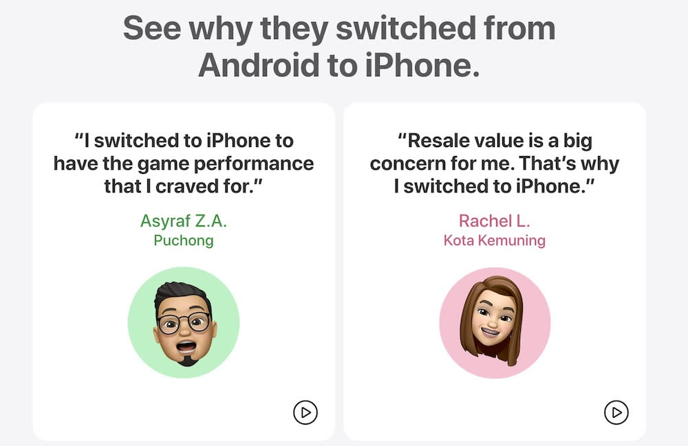 The ‘Hear from Switchers’ videos have actual testimonials from new iPhone users. — Screenshot of campaign webpage