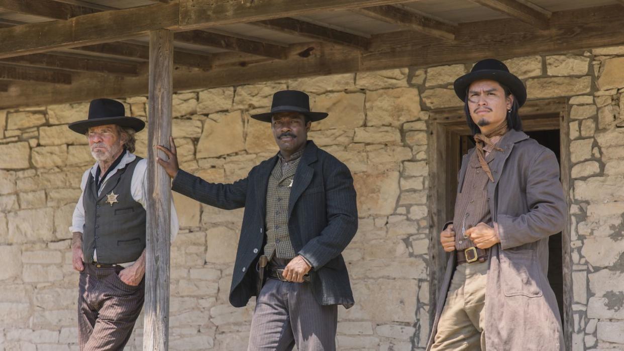 l r dennis quaid as sherrill lynn, david oyelowo as bass reeves, and forrest goodluck as billy crow in lawmen bass reeves, episode 8, season 1, streaming on paramount, 2023 photo credit lauren smithparamount