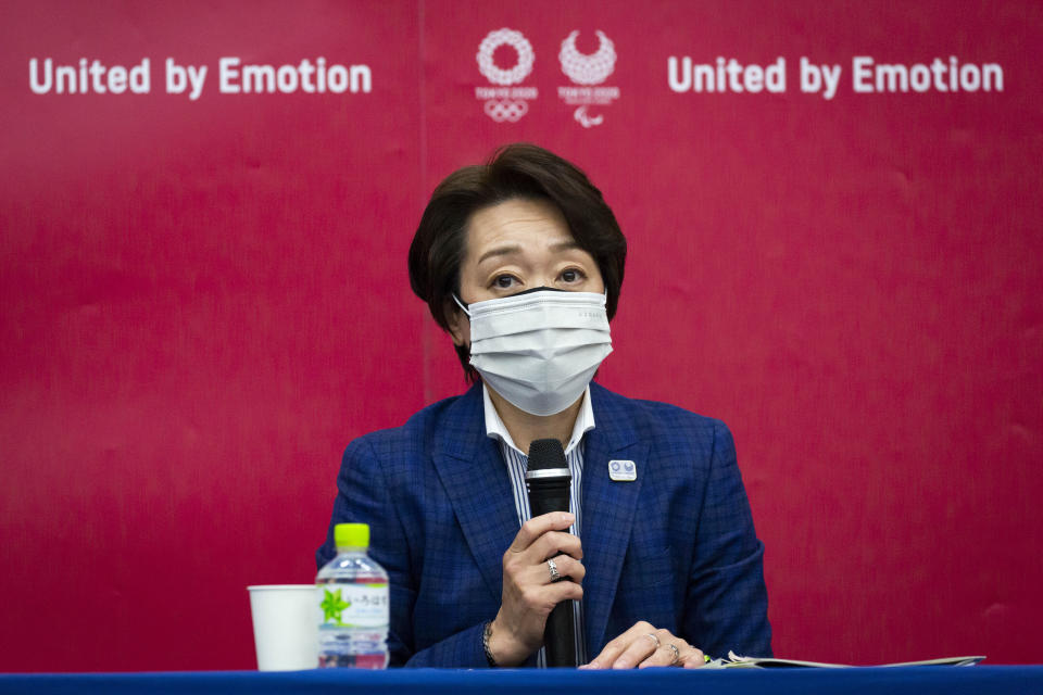 Tokyo 2020 President Seiko Hashimoto speaks during the news conference after receiving a report from a group of infectious disease experts on Friday, June 18, 2021, in Tokyo. The experts including Shigeru Omi, head of a government coronavirus advisory panel, issued a report listing the risks of allowing the spectators and the measurements to prevent the event from triggering a coronavirus spread. (Yuichi Yamazaki/Pool Photo via AP)