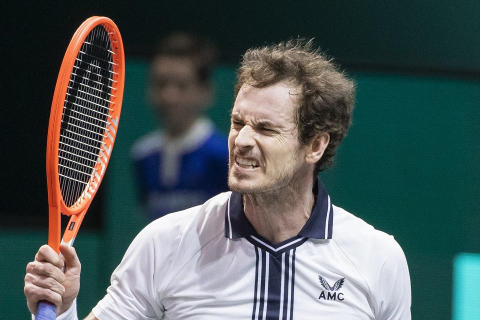 <p>Frustration: Andy Murray smashed a racket during his defeat by Andrey Rublev in Rotterdam</p> (ANP/AFP via Getty Images)