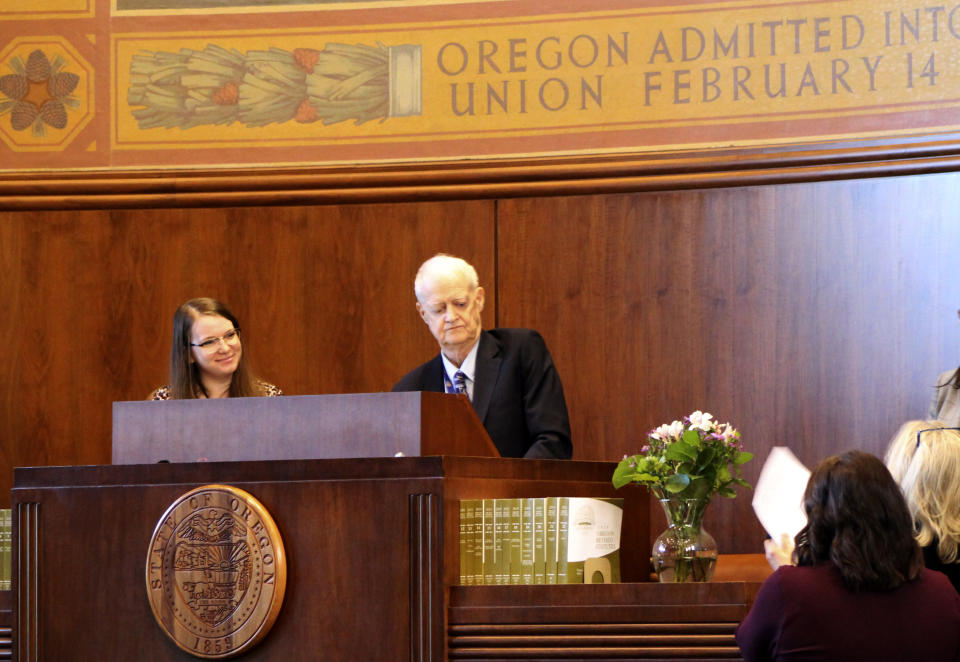 Oregon state Senate President Peter Courtney pauses after declaring in the state Senate on Tuesday, Feb. 25, 2021, that amid a boycott by Republican senators, not enough lawmakers were present to reach a quorum. The drastic move by Republicans in Oregon highlights how pitched the debate over how to respond to global warming is becoming, with the GOP saying leaving the Capitol was the only way to halt legislation they view as too extreme in a Legislature dominated by Democrats. Democrats warn that doing nothing at this point is too dangerous. In an interview with The Associated Press, Courtney, the longest-serving legislator in Oregon history, said he has not found a way out of the impasse and is broken hearted. (AP Photo/Andrew Selsky)