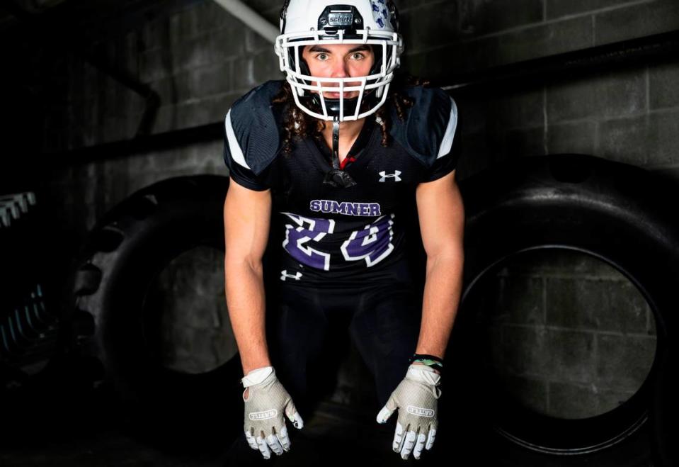 Sumner senior Jay Mentink poses for a portrait after being selected as a defensive back for The News Tribune’s 2022 All-Area football team, at Mount Tahoma High School in Tacoma, Wash. on Dec. 4, 2022.