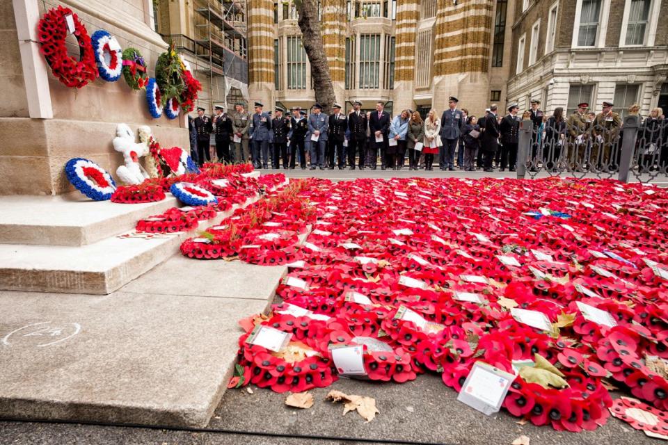 Poppies line the floor near the cenotaph for Armistice day in 2015, the day after the British Legion worker was attacked. (Alex Lentati)