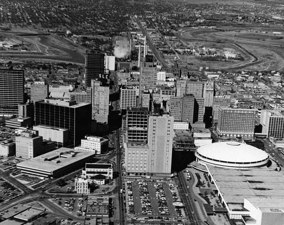 Feb. 25, 1973: An aerial of downtown Fort Worth looking north with the Tarrant County Convention Center.
