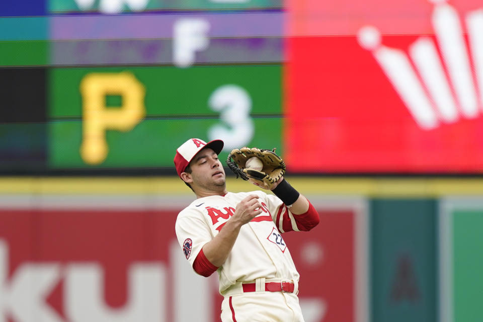 Los Angeles Angels shortstop David Fletcher catches a pop hit by Detroit Tigers' Andy Ibanez during the fifth inning of a baseball game, Sunday, Sept. 17, 2023, in Anaheim, Calif. (AP Photo/Ryan Sun)