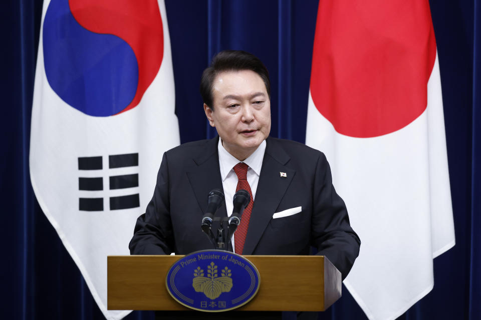 Yoon Suk Yeol, South Korea's president, speaks during a joint news conference with Fumio Kishida, Japan's prime minister, not in photo, at the prime minister's official residence in Tokyo, Japan, Thursday, March 16, 2023. (Kiyoshi Ota/Pool Photo via AP)