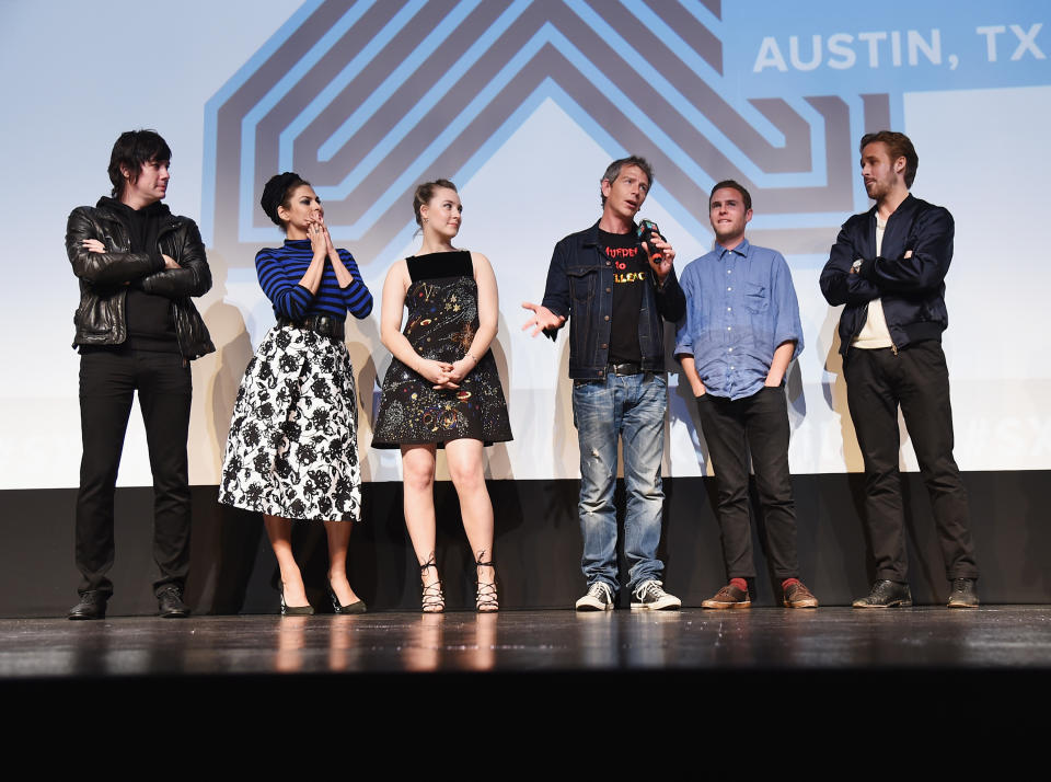 AUSTIN, TX - MARCH 14:  (L-R) Composer Johnny Jewel, actors Eva Mendes, Saoirse Ronan, Ben Mendelsohn and Iain De Caestecker, and director/writer Ryan Gosling take part in a Q&A following the 