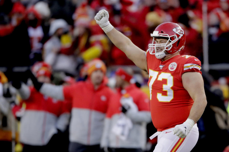 Kansas City Chiefs’ Nick Allegretti celebrates during the second half of the NFL AFC Championship football game against the <a class="link " href="https://sports.yahoo.com/nfl/teams/tennessee/" data-i13n="sec:content-canvas;subsec:anchor_text;elm:context_link" data-ylk="slk:Tennessee Titans;sec:content-canvas;subsec:anchor_text;elm:context_link;itc:0">Tennessee Titans</a> Sunday, Jan. 19, 2020, in Kansas City, MO. (AP Photo/Charlie Riedel)