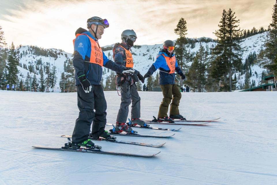 Instructors guide blind or low-vision skiers or snowboarders with verbal, physical and other types of cues. Sometimes they use adaptive equipment too.