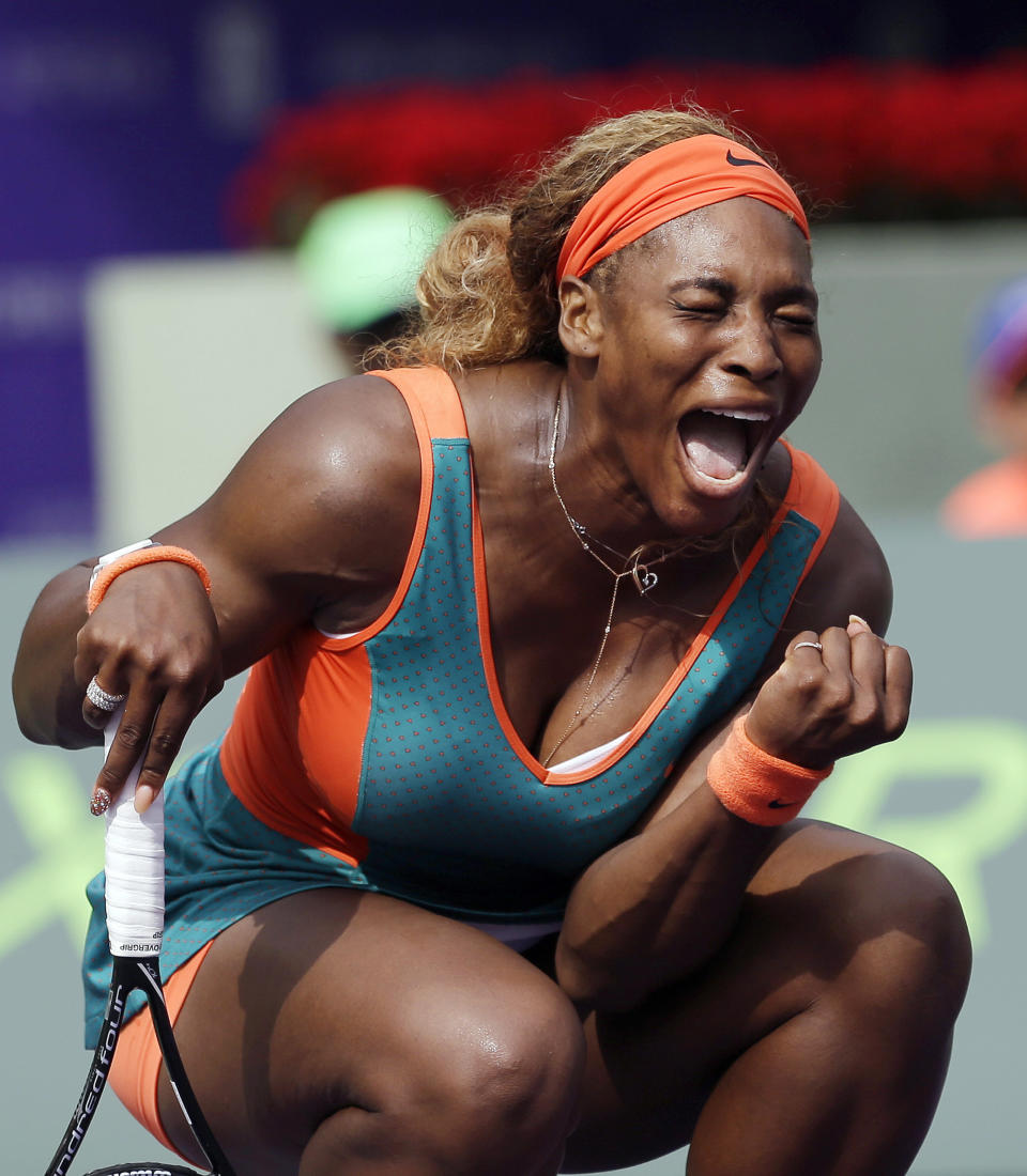 10ThingstoSeeSports - Serena Williams celebrates after scoring a point against Caroline Garcia, of France, at the Sony Open tennis tournament in Key Biscayne, Fla., Saturday, March 22, 2014. Williams won 6-4, 4-6, 6-4. (AP Photo/Alan Diaz, File)