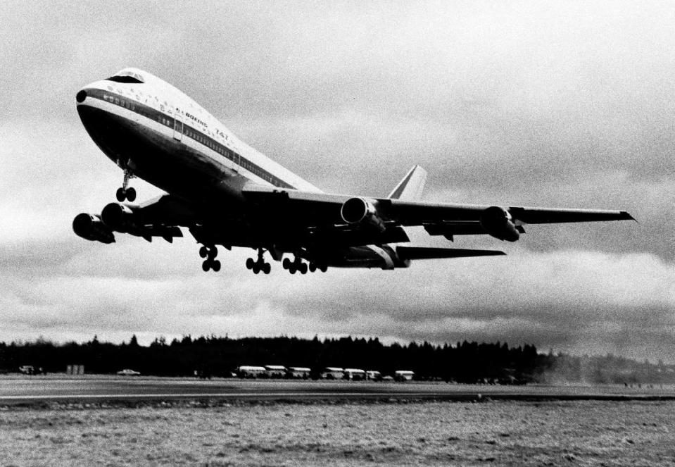 FILE - In this Jan. 1970 file photo, a Boeing 747 takes off from Seattle. For decades, the Boeing’s 747 was the Queen of the Skies. But the glamorous double-decker jumbo jet that revolutionized air travel and shrunk the globe could be nearing the end of the line. (AP Photo, File)