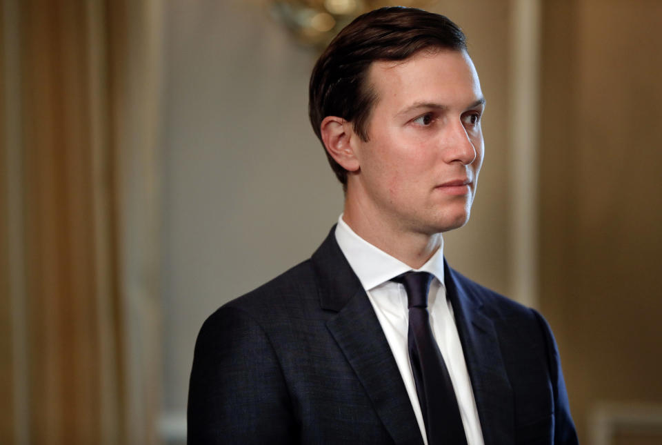 FILE – In this Friday, Aug. 11, 2017, file photo, White House senior adviser Jared Kushner listens as President Donald Trump answers questions at a news conference, in Bedminster, N.J. Kushner has been questioned by special counsel Robert Mueller’s team of investigators about former national security adviser Michael Flynn. That’s according to a person familiar with the investigation who spoke to The Associated Press on Nov. 29, on condition of anonymity. (AP Photo/Pablo Martinez Monsivais, File)