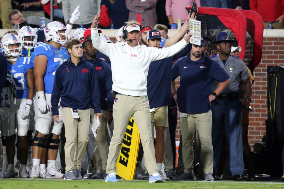 Oct 7, 2023; Oxford, Mississippi, USA; Mississippi Rebels head coach Lane Kiffin reacts form the sidelines during the first half against the Arkansas Razorbacks at Vaught-Hemingway Stadium. Mandatory Credit: Petre Thomas-USA TODAY Sports