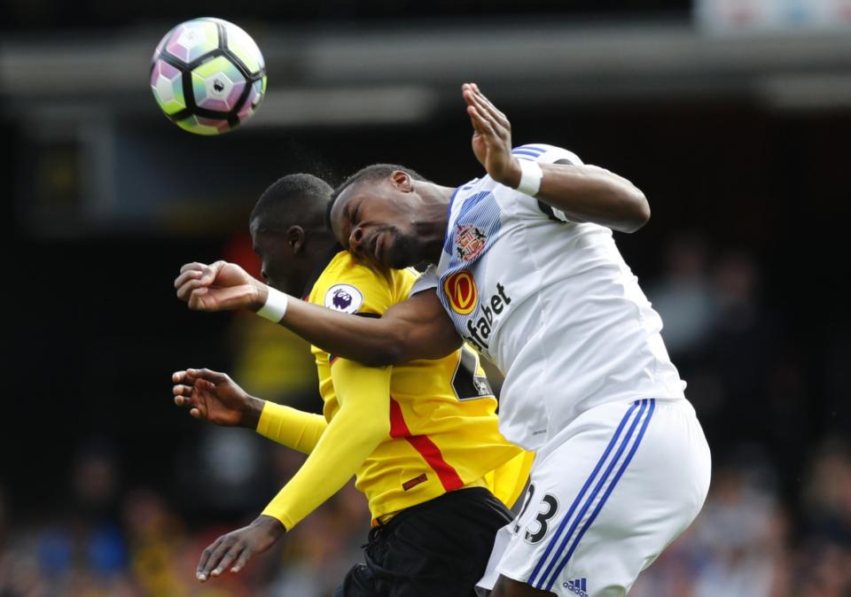 <p>Watford’s M’Baye Niang in action with Sunderland’s Lamine Kone </p>