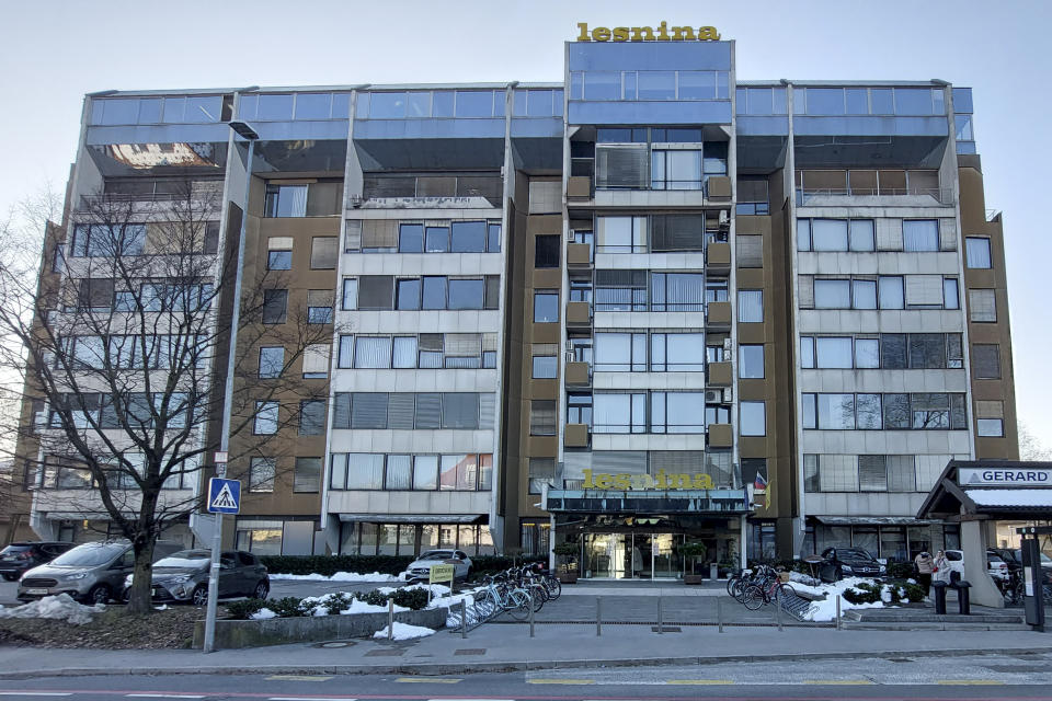 A general view of the office building where two alleged Russian spies held their office, in Ljubljana, Slovenia, Monday, Jan. 30, 2023. Slovenian authorities have apprehended two alleged Russian spies who used an agency dealing in real estate and antiques as a front for their activities, media reported Monday. (AP Photo/Ali Zerdin)