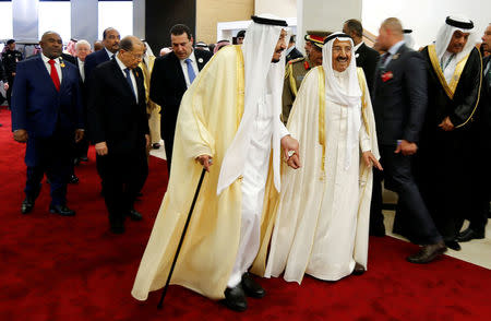 Arab leaders arrive for the group photo before the start of 29th Arab Summit in Dhahran, Saudi Arabia April 15, 2018. REUTERS/Hamad I Mohammed