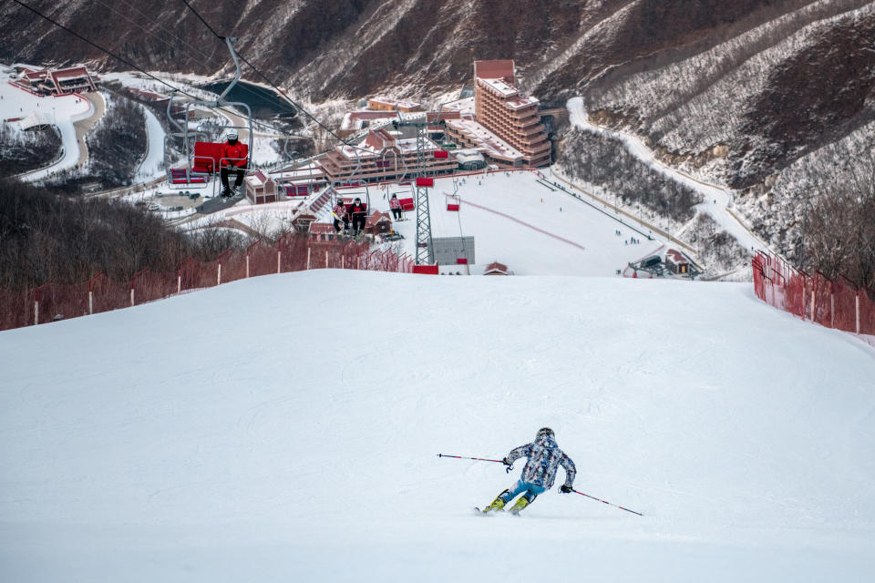 A visitor skis down a slope at Masikryong Ski Resort on Feb. 4, near Wonsan, North Korea.
