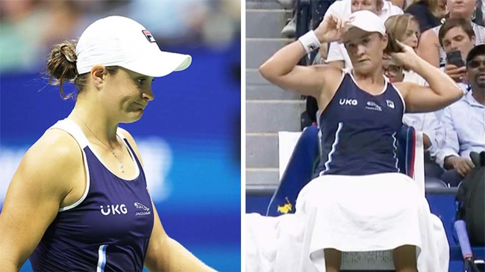 Ash Barty (pictured left) was frustrated after losing the first set against Shelby Rogers at the US Open.