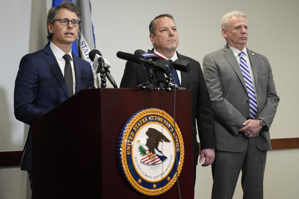 U.S. Attorney for the Middle District of Tennessee Henry C. Leventis, left, speaks during a news conference with investigators FBI Special Agent, Douglas DePodesta center, and Special Agent Roy Cochran senior counterintelligence executive with the U.S. Army, right, Thursday, March 7, 2024, in Nashville, Tenn. Leventis announced the arrest and indictment of U.S. Army Intelligence Analyst Korbein Schultz for conspiracy to obtain and disclose defense information. (AP Photo/George Walker IV)