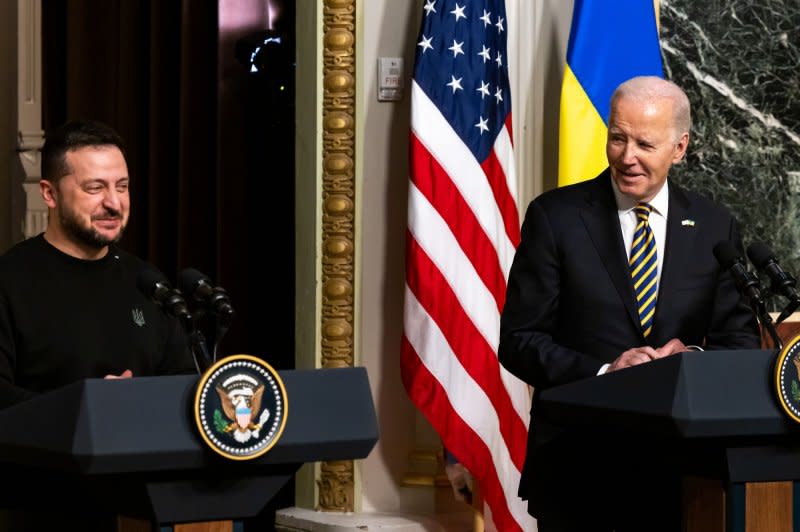 U.S. President Joe Biden and Ukrainian President Volodymyr Zelensky give remarks in the Indian Treaty Room of the Eisenhower Executive Office Building on Tuesday in Washington, D.C. Photo by Julia Nikhinson/UPI