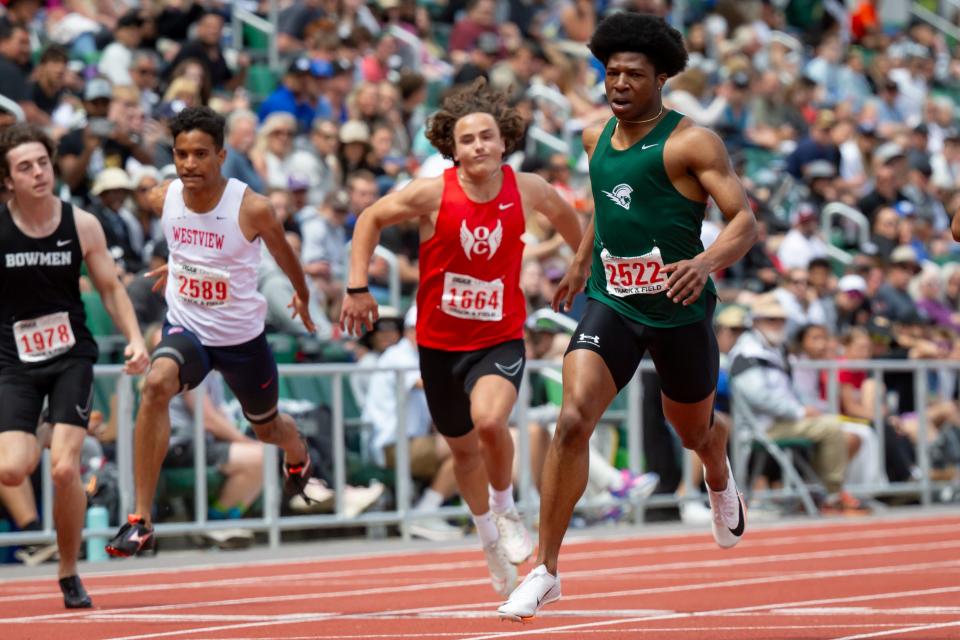 West Salem’s Mihaly Akpamgbo competes in the 6A 100 meters during day three of the OSAA State Track and Field Championships May 18 at Hayward Field in Eugene.