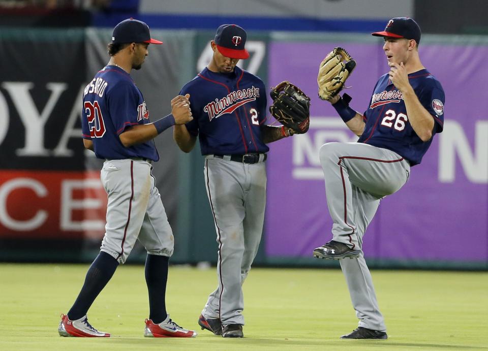 Eddie Rosario, Byron Buxton and Max Kepler are the best defensive outfield in baseball so far this season. (AP)