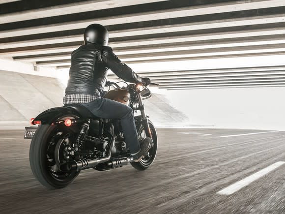 Man on Harley-Davidson under a bridge