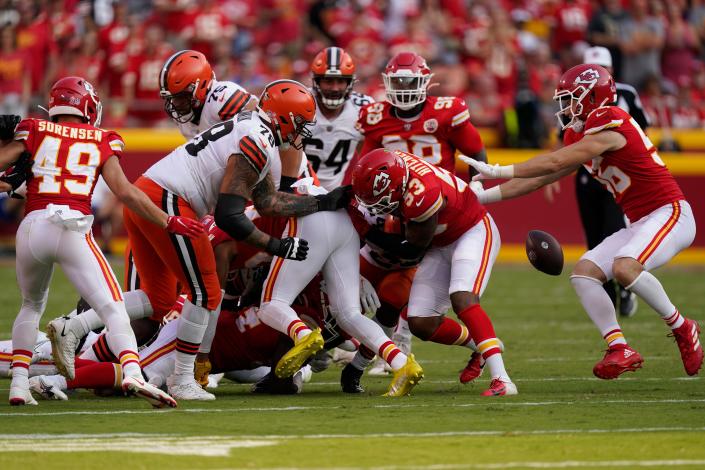 Cleveland Browns running back Nick Chubb fumbles during the second half of an NFL football game against the Kansas City Chiefs Sunday, Sept. 12, 2021, in Kansas City, Mo. (AP Photo/Charlie Riedel)