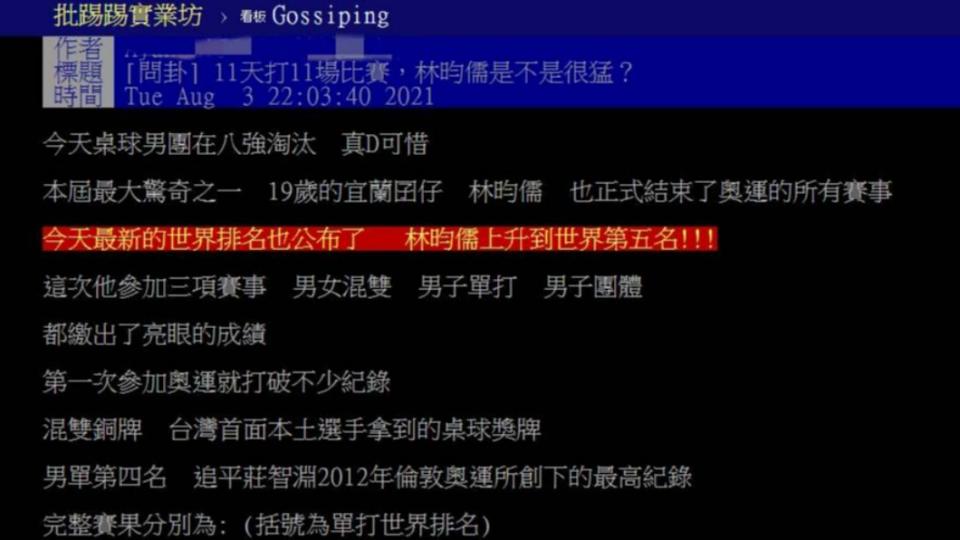 網友在PTT發文表示，林昀儒11天來共出戰11場賽事，有夠猛。（圖／翻攝自PTT）