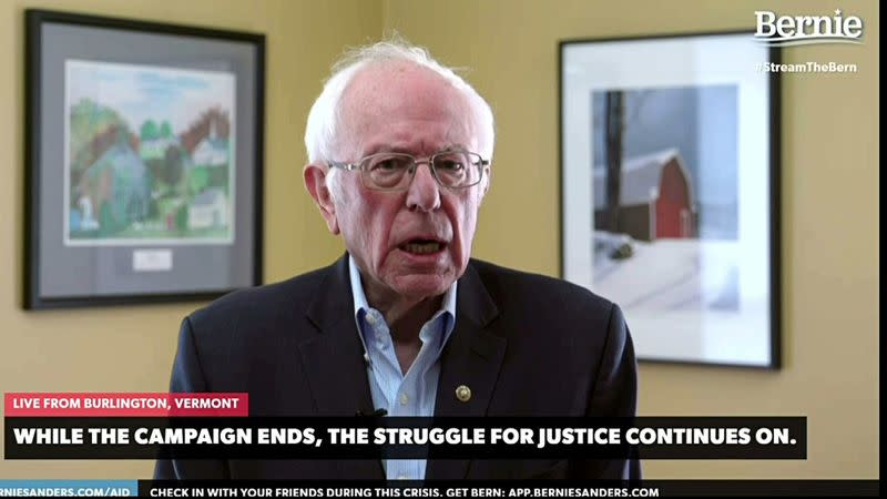 Democratic U.S. Presidential candidate Senator Bernie Sanders announces he is suspending his campaign for the Democratic presidential nomination in livestream from Burlington