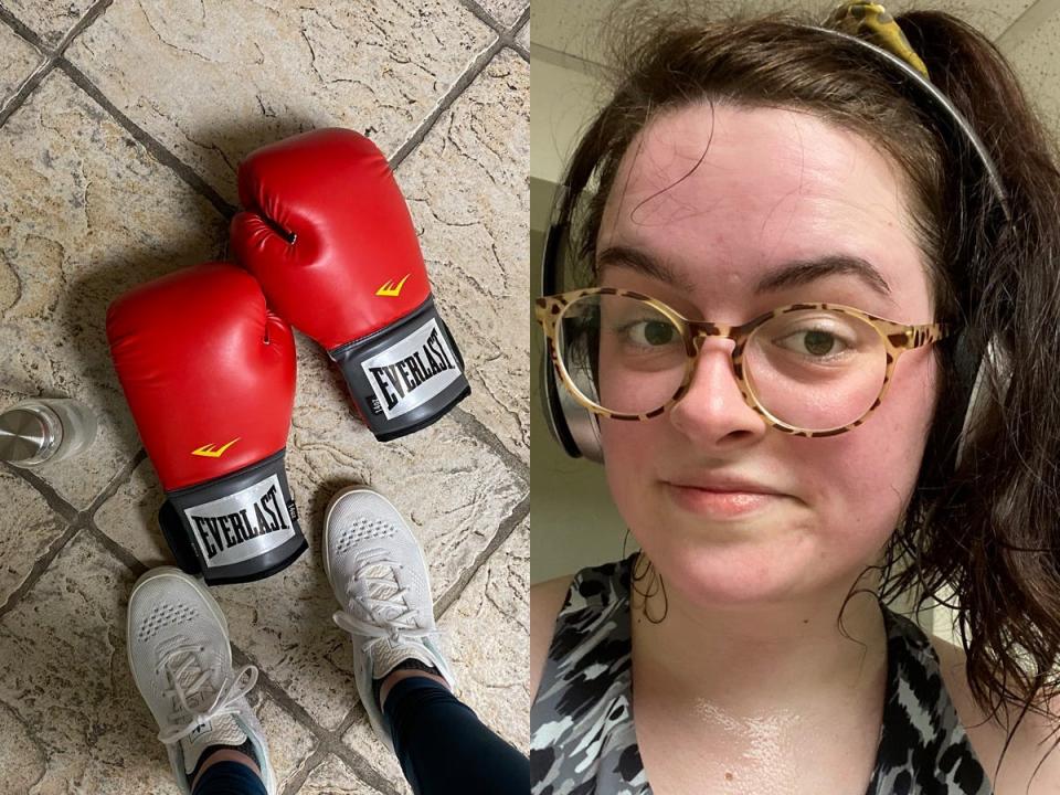 Freelancer Paige Bennett with boxing gloves.