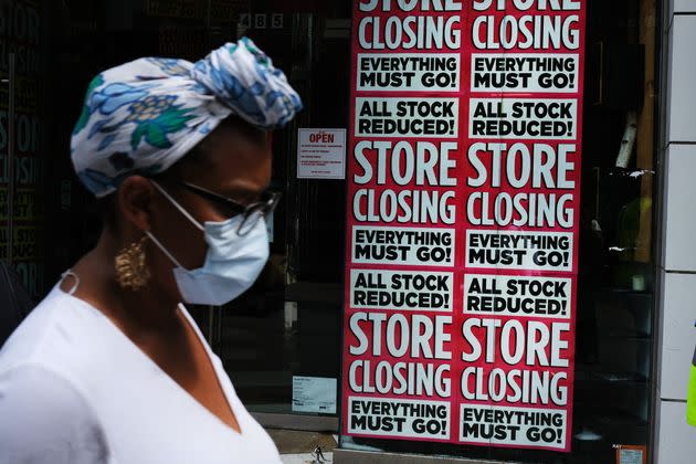 A store advertises a sale on July 7 in Brooklyn, New York. The economic fallout from the coronavirus pandemic has been dire. More Americans are currently unemployed than at any point since World War II.