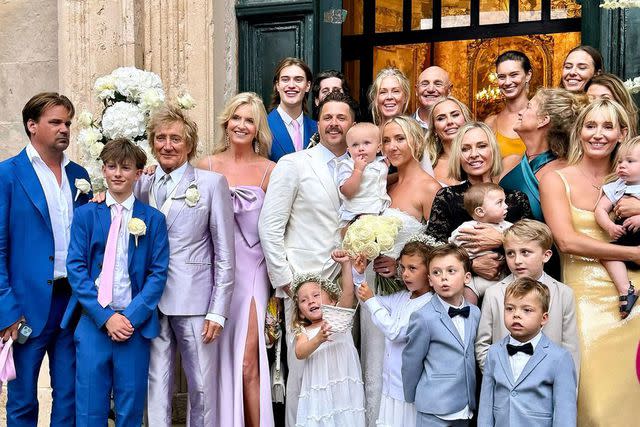 <p>Rod Stewart/Instagram</p> Rod Stewart poses his family — including all eight of his children — at son Liam Stewart's wedding