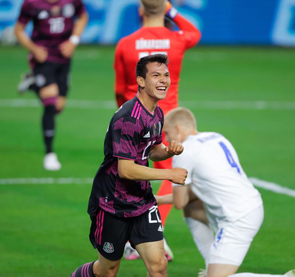 Mexico midfielder Hirving Lozano celebrates his goal against Iceland during a 2-1 win at AT&T Stadium in May. The Mexican men's national team will play Chile in an exhibition match on Dec. 8 at Q2 Stadium.